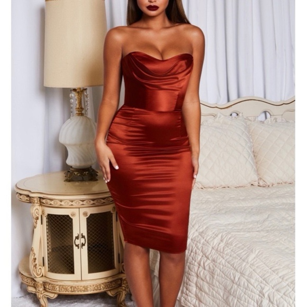 COPY - OH POLLY Luxe Good Bustier Strapless Satin Knee Length Dress in Copper